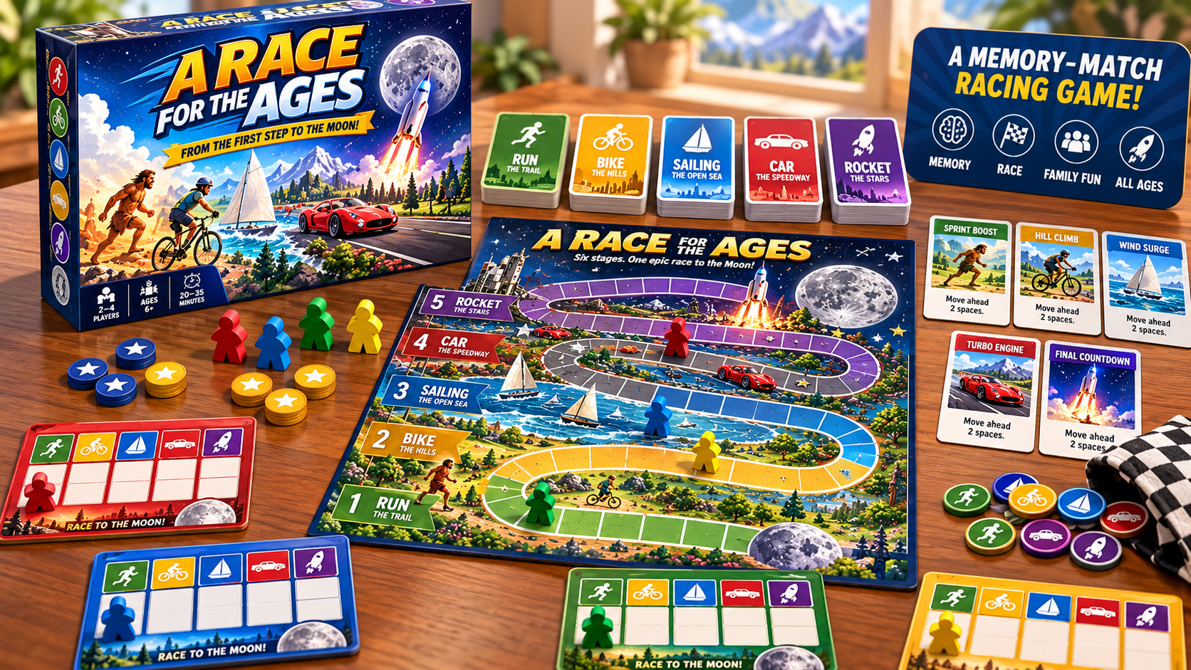 A Race for the Ages game box, board, cards, and components laid out