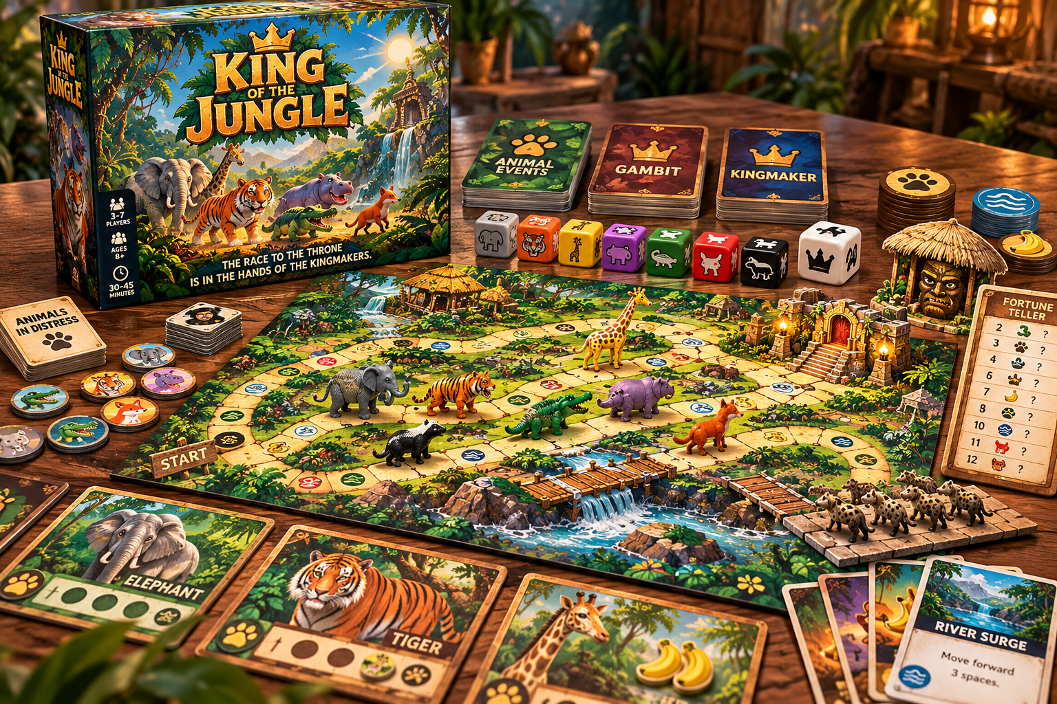 King of the Jungle game box, board, and animal pieces laid out on a table