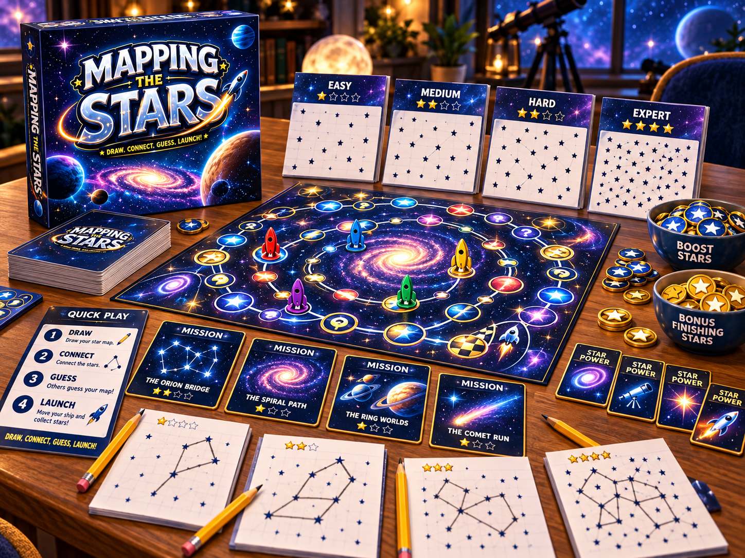 Mapping the Stars game box, board, mission cards, and components laid out on a table