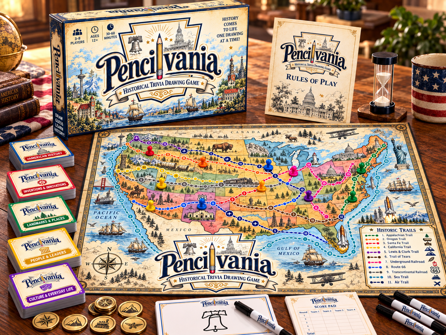 Pencilvania board game box and components spread on a table