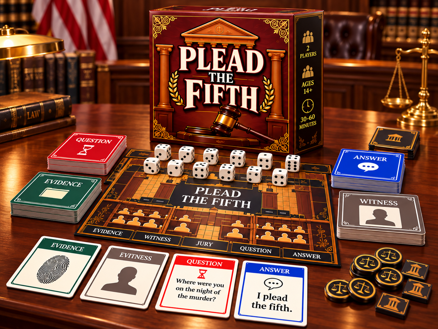 Plead the Fifth game components laid out on a courtroom table