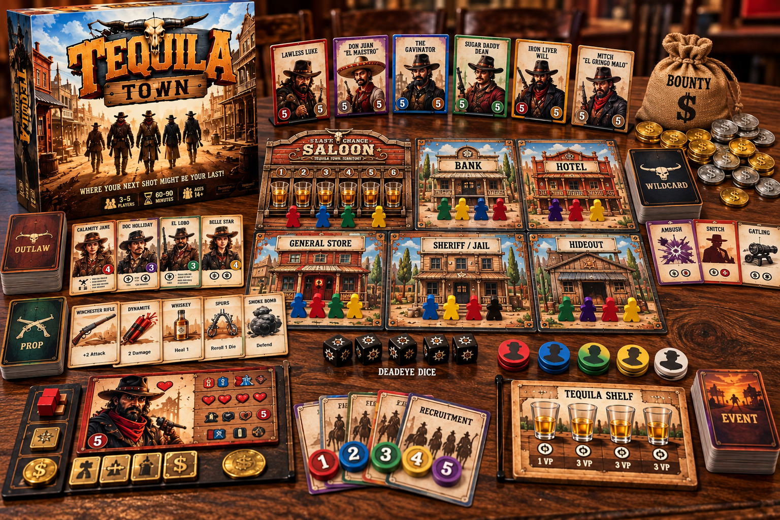 Tequila Town board game components spread out on a table
